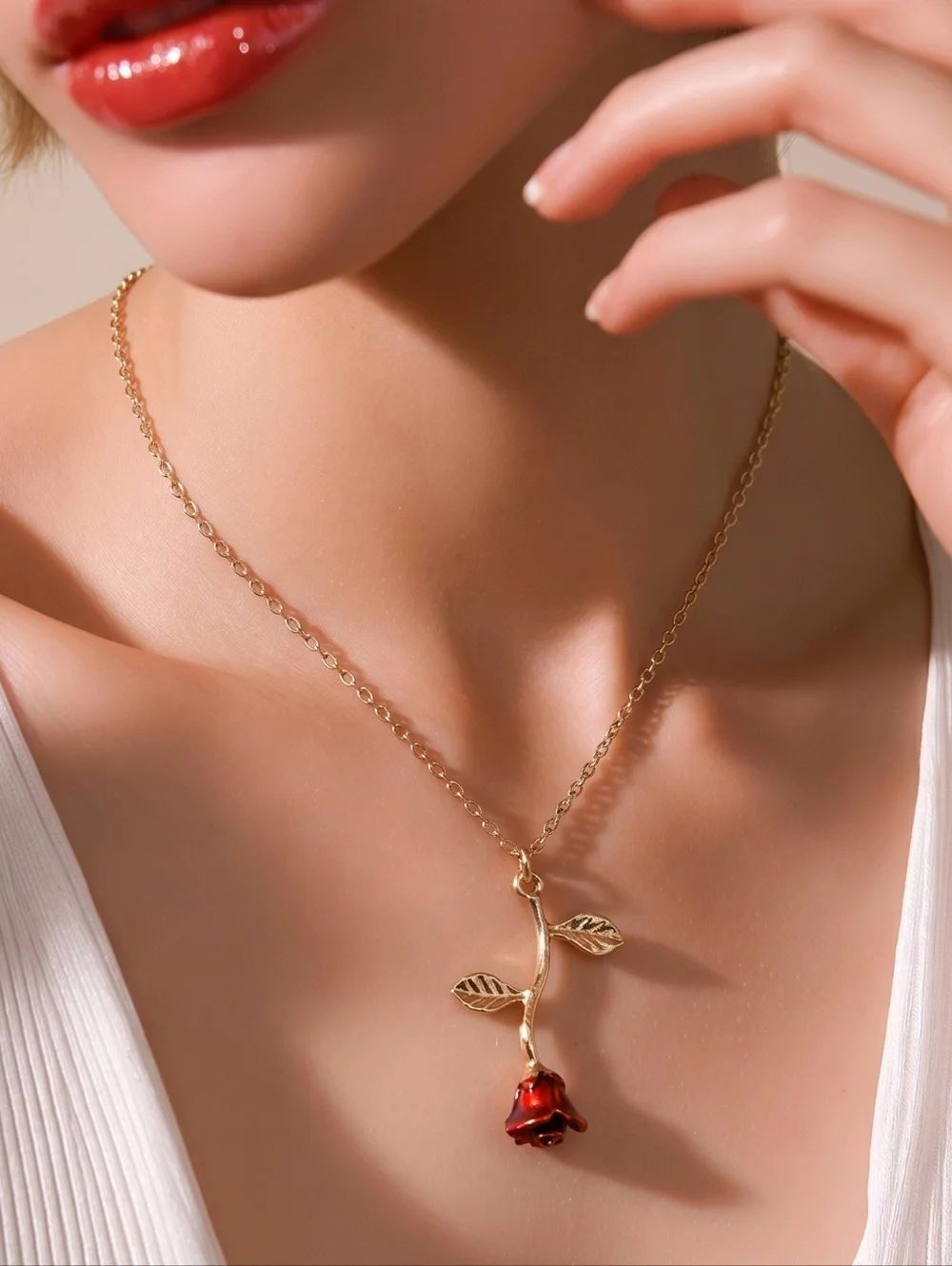 Enchanted Rose Pendant Necklace Gold Red Floral Fairytale Romantic Gift